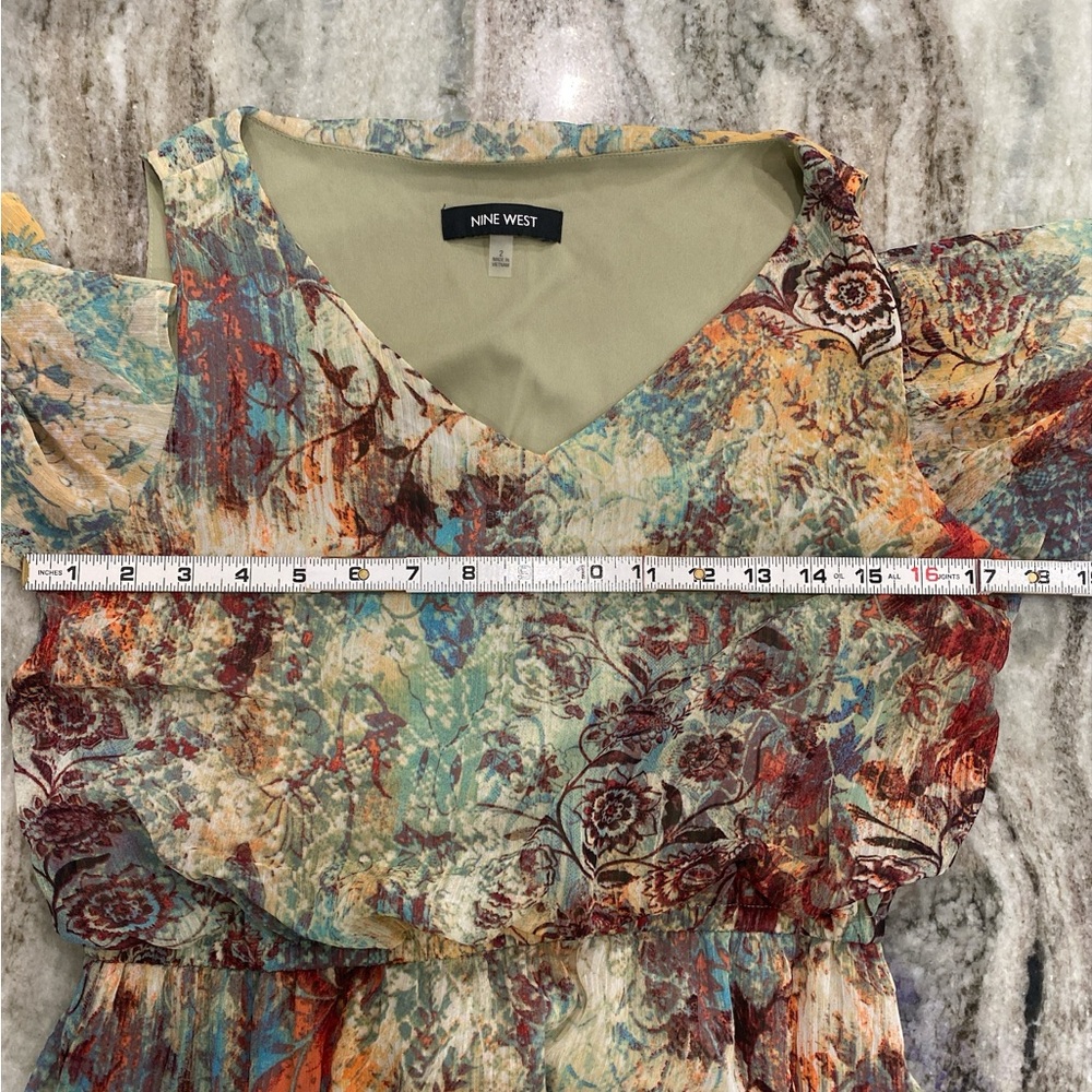 Nine West Cold Shoulder Maxi Dress | Abstract Floral Watercolor Print | Size 2 - Picture 9 of 12